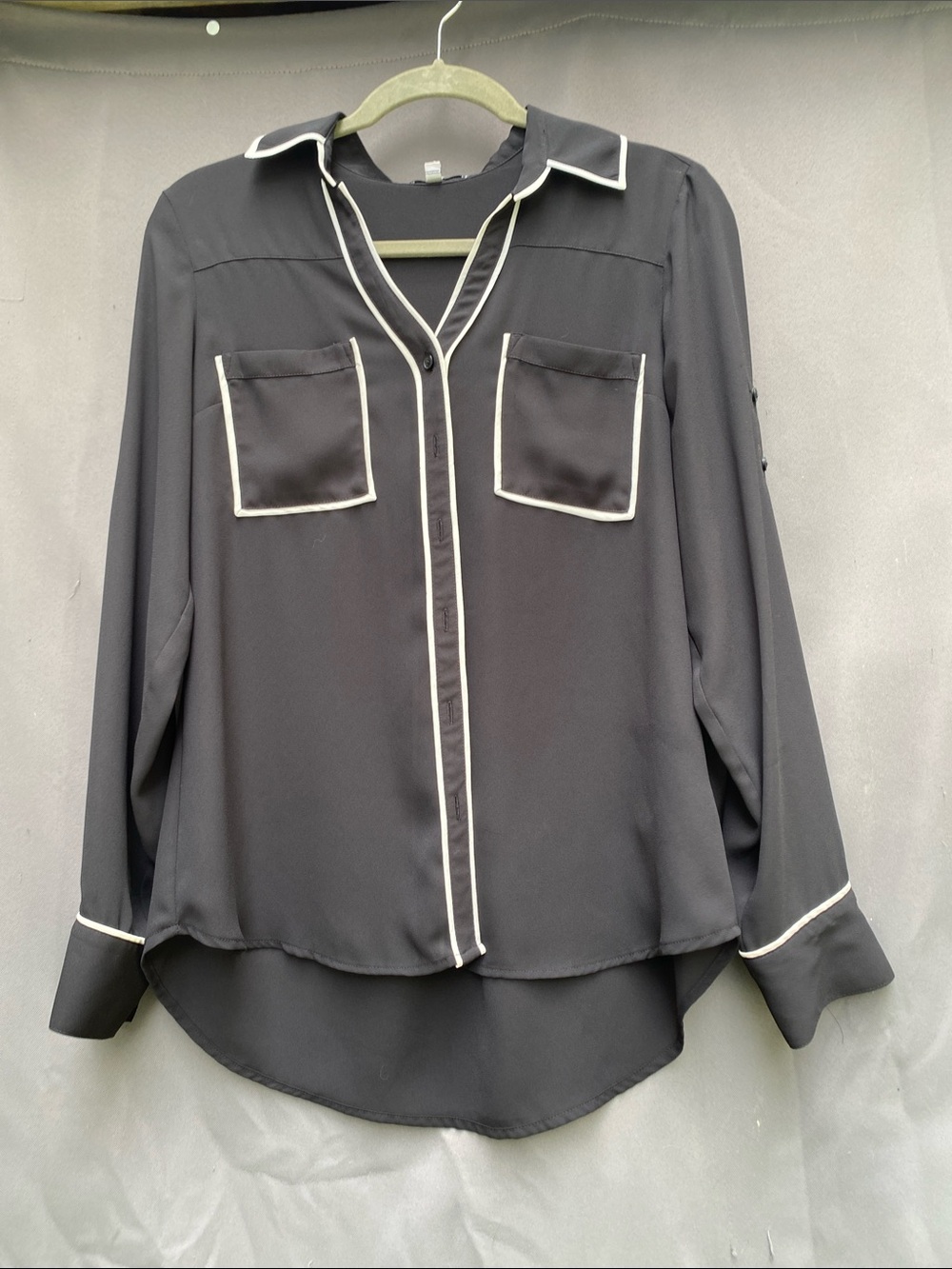 Express Black Blouse with White Piping Trim